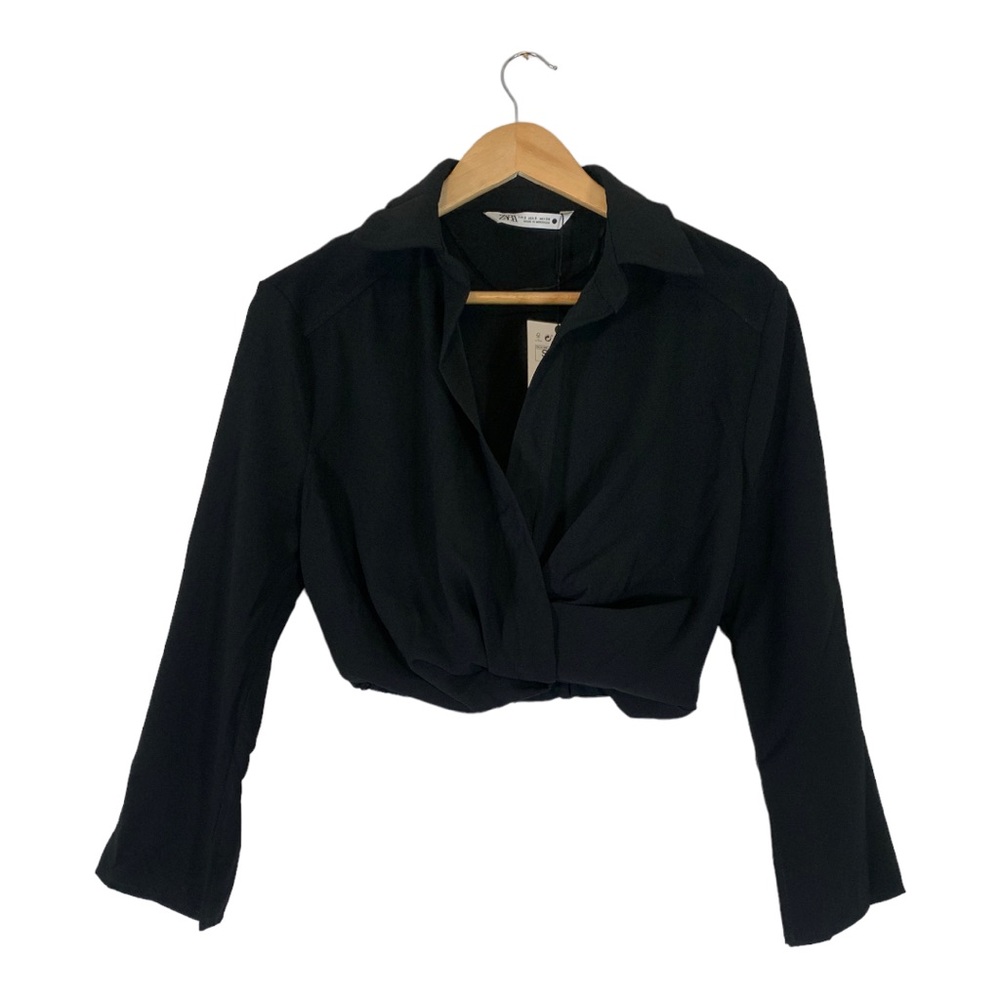 NEW Zara Black Long Sleeve V Neck Crop Top Size Small - Picture 5 of 8